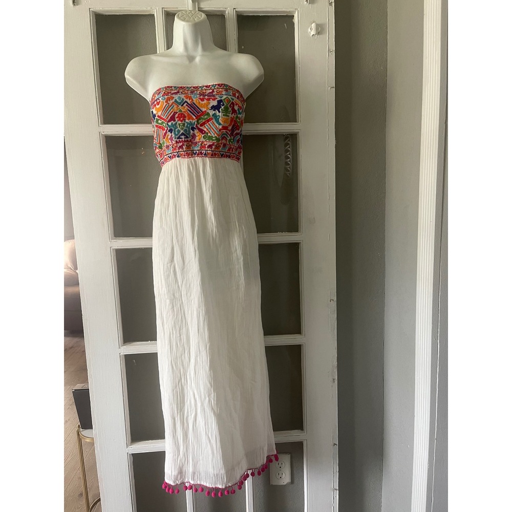 Christophe Sauvat White Cotton Gauze Embroidered Strapless Maxi Dress Pom Pom